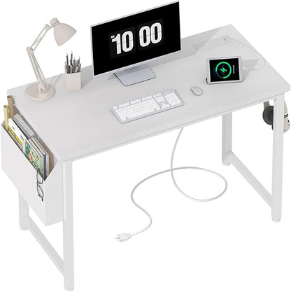 Lufeiya White Computer Desk with Power Outlet, 40 inch Simple Teen Study Table Home Office Work Writing Desks with Charging Station Outlets USB Port Built in, Storage Pocket，White