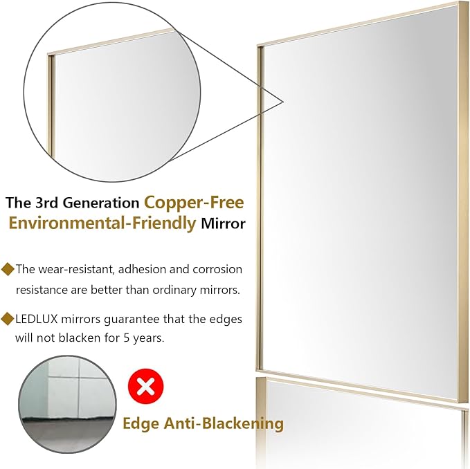 26x36 Inch Gold Bathroom Mirror - Copper-Free Mirror, Aluminum Alloy Frame Vanity Rectangle Wall Mounted Modern Mirror for Bedroom/Living Room/Porch Horizontal or Vertical