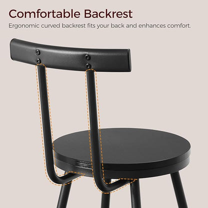 Bar Stools, Set of 2 Bar Chairs with Backrest and Footrest, 26" Tall Counter Stools, Metal Frame, Adjustable Feet, Easy Assembly, for Kitchen, Living Room, Pub, Black BAHB6001