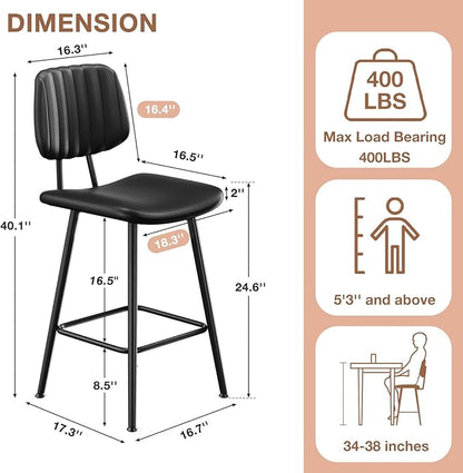 24-Inch Leather Bar Stools, Counter Height Barstools with High Backrest，Bar Chairs for Kitchen Island with Heavy Duty Metal Legs, Black