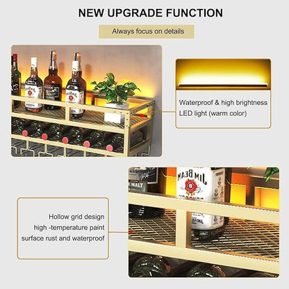 LED Wine Rack Wall Mounted, Industrial Metal Wall Wine Shelf & Glass Holder, Large Floating Shelves Wine Bottle Storage Display Rack for Home Bar Dining Room Decor(Gold, 31.5 x 9.8 x 10.6 inch)