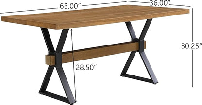 Christopher Knight Home Keyats 63 Inch Dining Table for 6 People, Modern Farmhouse Kitchen Table with X-Shaped Metal Legs, Rectangular Dinner Furniture for Dining Room, Home Office, Brown