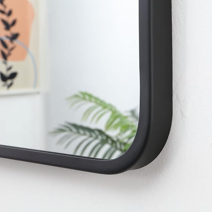 20"x40" Bathroom Wall Mirror with Matte Black Metal Frame & HD Glass, Copper-Free Mirrors Modern Rectangle Round Corner Framed Vanity Mirror - Horizontal or Vertical Installation