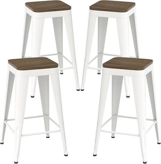 30 inch Backless Bar Stools Set of 4, Indoor Metal Bar Stools with Wood Seat, Industrial Counter Height Barstools for Kitchen Island, White