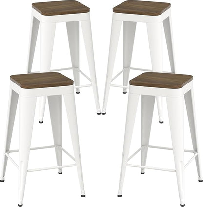 26 inch Backless Bar Stools Set of 4, Indoor Metal Bar Stools with Wood Seat, Industrial Counter Height Barstools for Kitchen Island, White