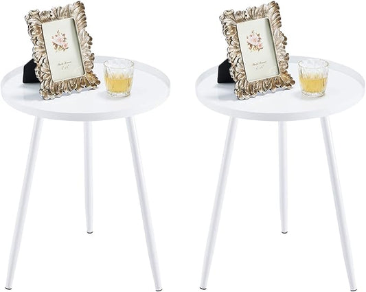 Apicizon 16" Round Side Table Set of 2, White Metal End Table for Living Room, Bedside, Mid Century Modern Coffee Table or Circle Accent Table for Small Spaces, White