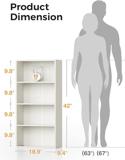 Casaottima 4-Tier Open Bookshelf and Bookcase, Floor Standing Display Storage Shelves for Living Room, Tall Book Shelf for Bedroom, Home Office, Dining Room, White