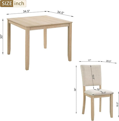 Ball & Cast 5 Piece Dining Table Set with 4 Upholstered Chairs,Wooden Living Room Furniture W/ 34.5" Square Kitchen Desk & Backrest Chair,for Small Space,Dining Room,Liaght Oak & Beige