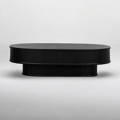 NTC Stream DOU Coffee Table, Modern Double-Layer Oval Wooden Center Table with Vertical Groove Design, Stylish Living Room Decor, Contemporary Minimalist Style, Easy Assembly - Burnt Black
