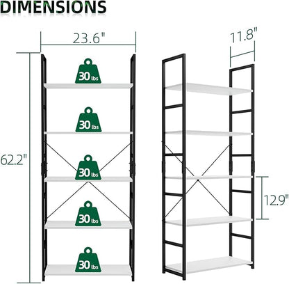 OTK 5 Tier Bookshelf, Tall Bookcase, Office Shelf Storage Organizer, Modern Book Shelf for Living Room, Bedroom, and Home Office, White