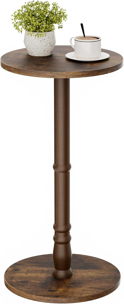 Round Side Table, Solid Wood Pillar with Wood Top & Base, Small Drink Accent Table for Living Room, Bedroom, Sofa & Office, Easy Assembly, Rustic Brown