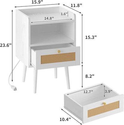 Nightstand Rattan with Charging Station, Mid Century Modern Bed Side Table, Boho End Table with Wood Legs, Bedside Tables for Bedroom Living Room (2, White, 11.8" D x 15.9" W x 23.4" H (1 Drawers))