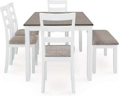 Signature Design by Ashley Stonehollow Modern Farmhouse Dining Table with Upholstered Chairs and Bench, Set of 6, White & Gray