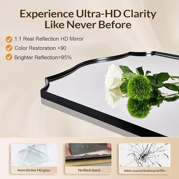 Black Bathroom Mirror, 24x32 Unique Irregular Mirror, Rectangle Mirror with Wavy Edge in Premium Stainless Steel Metal Frame 1" Deep, Wall Mounted Horizontal/Vertical