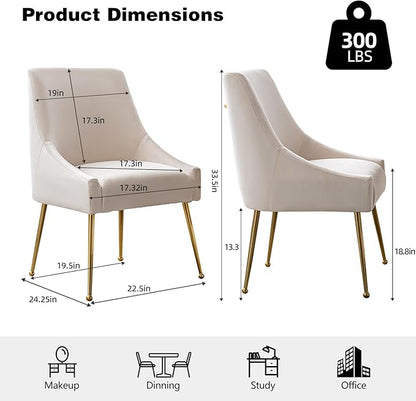 Velvet Dining Chairs Set of 2, Upholstered Dining Chairs with Polished Gold Metal Legs,Farmhouse Kitchen Side Chairs, Vanity Chairs, Accent Chair for Kitchen,Restaurant/Cafe(Beige)