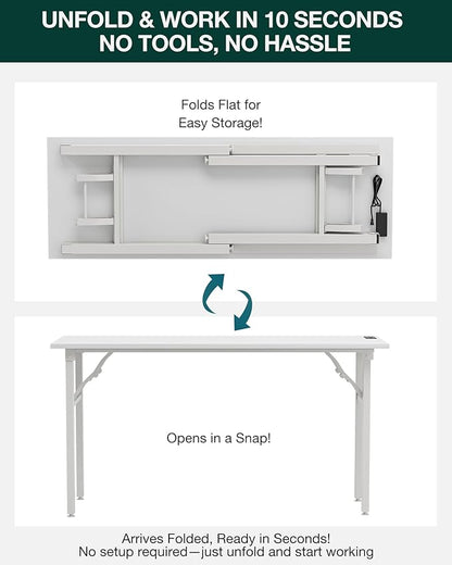 Frylr Small Folding Computer Desk – 55.1 Inch Portable Table for Craft and Study, Lightweight Desk for Small Spaces, Foldable Laptop Table Built-in AC/USB Outlets for Convenience, White
