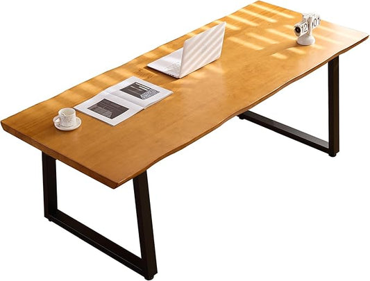 Solid Wood Administrative Computer Desk - Rustic Style Large Office Desk, Modern Minimalist Workstation for Home, Ideal for Learning, Writing, and Professional Use (Dark Yellow, 70.87in)