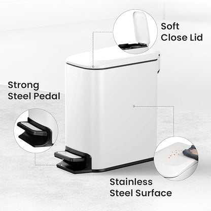 Cesun Small Bathroom Trash Can with Lid Soft Close, Step Pedal, 6 Liter / 1.6 Gallon Stainless Steel Slim Garbage Can for Bedroom, Diaper Waste Basket with Removable Inner Bucket (White)