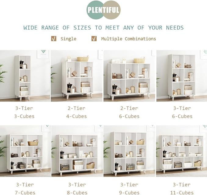 IOTXY Open Cube Low Bookcase - 3-Tier Freestanding Storage Display Cabinet Organizer with Legs for Home Office, 9-Cubes Open Shelf Short Bookshelf, White