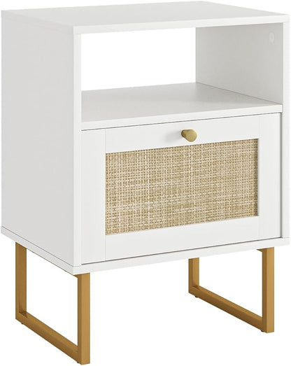 Rattan Nightstand, Mid Century Modern Night Stand,Boho Farmhouse Wood Bedside Table with Storage and Open Shelf, End Side Accent Table for Bedroom,Living Room,White