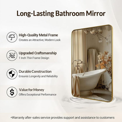 ANDY STAR 24x36 Rectangle Bathroom Mirror, Brushed Gold Stainless Steel Metal Frame Bathroom Mirror for Over Sink, Modern Rounded Corner Brass Vanity Wall Mirror, Hangs Horizontally or Vertically