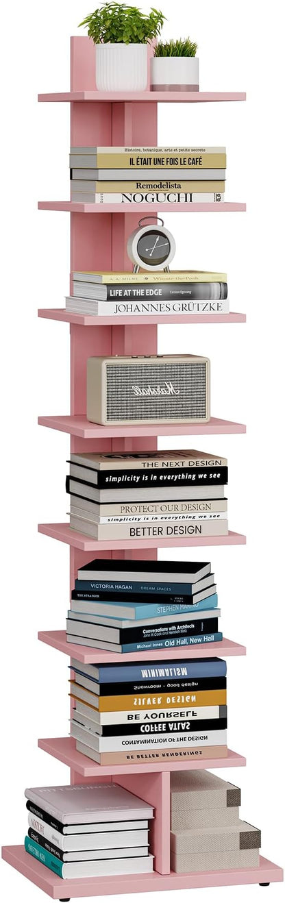 TUTOTAK Bookshelf, 8-Tier Bookcase, Narrow Spine Book Shelf for Small Space, Corner Standing Shelf for Living Room, Office, Study, Entryway, Pink BS06BP008