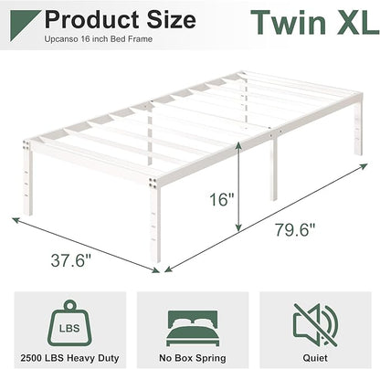 16 Inch White Twin XL Bed Frames, Metal Platform Twin XL Bed Frame with High Storage, Eassy Assembly 2,500 lbs Heavy Duty Bedframes