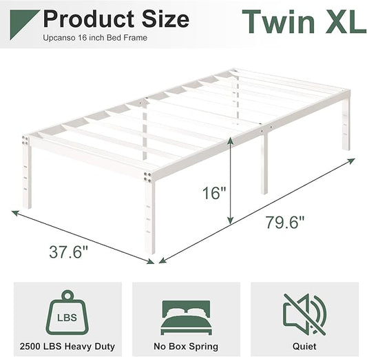 16 Inch White Twin XL Bed Frames, Metal Platform Twin XL Bed Frame with High Storage, Eassy Assembly 2,500 lbs Heavy Duty Bedframes