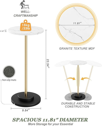 Round Side Table, Small Drink Table for Small Spaces, Modern Accent End Table Coffee Table with Metal Leg for Living Room, Bedroom, Corners, and Office (White Marble)