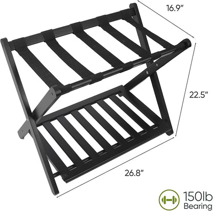 2 Pack Fully Assembled Black Bamboo Luggage Racks with Shoe Shelf, 5 Straps Folding Suitcase Stand, Heavy Duty Luggage Holders for Guest Room, Bedroom, Hotel
