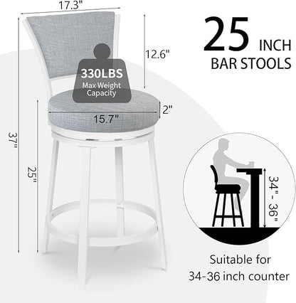 Bar Stools Set of 2, 25 Inch Metal Counter Height Bar Chairs, Modern Linen Fabric 360° Round Swivel Barstools with Back, Counter Stools for Kitchen Island, Pub, Grey & White