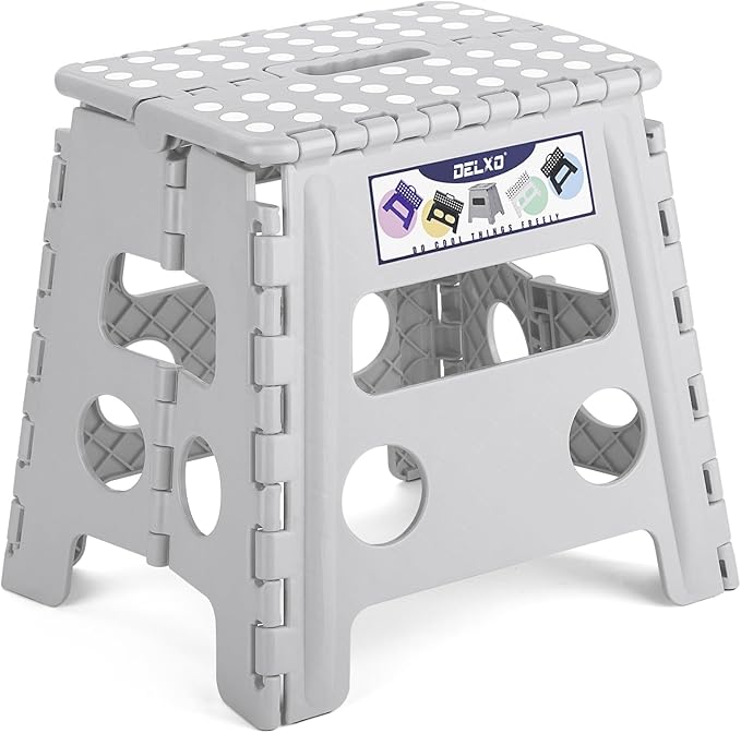 Delxo Folding Step Stool, 13 inch Non-Slip Foldable Stools Up to 300 LBS, Step Stool with Handle, Lightweight for Kitchen, Bathroom, Bedroom, Garden, Grey, 1PC