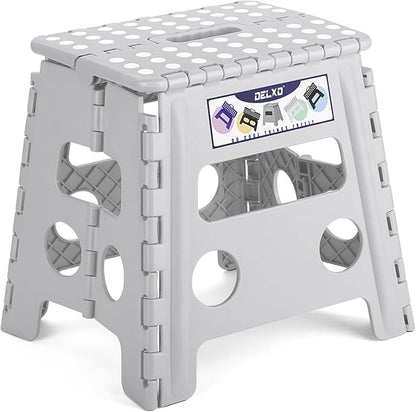 Delxo Folding Step Stool, 13 inch Non-Slip Foldable Stools Up to 300 LBS, Step Stool with Handle, Lightweight for Kitchen, Bathroom, Bedroom, Garden, Grey, 1PC