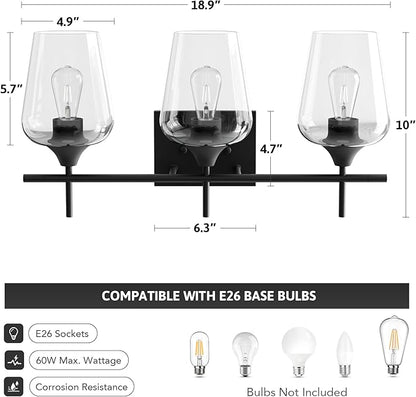 VONLUCE Bathroom Vanity Light, 3 Light Bathroom Light Fixture Over Mirror, Bathroom Wall Lamp with Clear Glass, Modern Black Vanity Lighting fixtures for Bathroom, Bedroom, Hallway