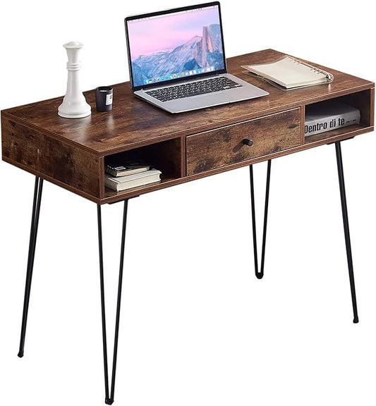 VECELO 39.3" Home Office Work Table with Drawers,Computer Desk with Hairpin Leg for Writing/Study,Classic Brown