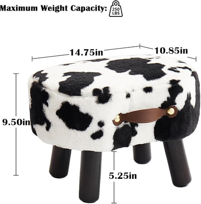 Small Footstool with Handle, Faux Fur Ottoman Foot Rest with Padded Seat, Curved Foot Stool with Wooden Legs, Portable Foot Rest for Living Room, Bedroom, Entryway, Cow