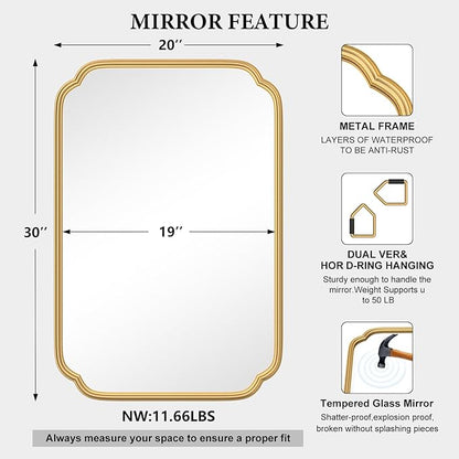 Gold Bathroom Mirror for Wall 20" x 30" Modern Rounded Corner Rectangle Mirror with Non-Rusting Iron Metal Framed Bathroom Vanity Mirror for Over Sink Wall Decor(Horizontal/Vertical)