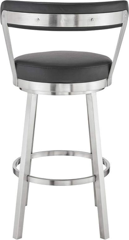 Armen Living Bryant Modern 26" Seat Height Black Faux Leather and Brushed Stainless Steel Metal Swivel Bar Stool for Kitchen Island Counter