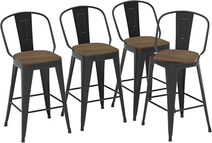 26” Swivel Bar Stools Set of 4, Counter Height Bar Stools Wooden Seat, Metal Industrial Bar Chairs with High Back for Kitchen Island (Black)
