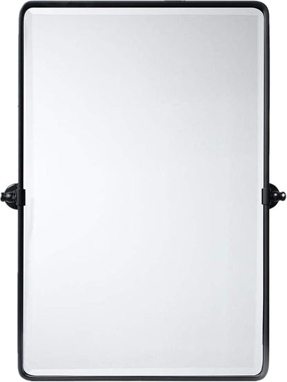 TEHOME Matt Black Pivot Rectangle Bathroom Vanity Mirrror Farmhouse Tiltable Rounded Metal Framed Pivoting Bathroom Mirror with Beveled Mirrror, Overall 27 x 35 inches (Mirrror 23 x 35 inches)