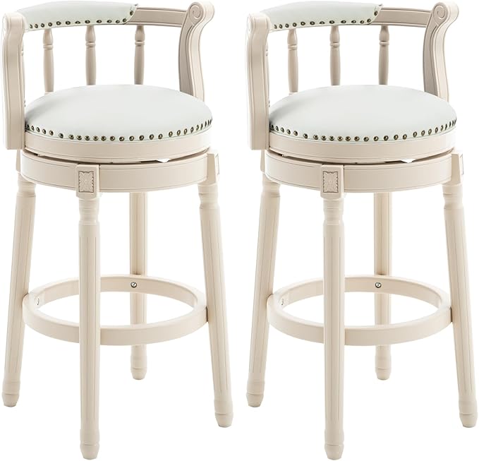Cow top Leather Wooden Bar Stools, 360 Degree Swivel Bar Height Chair with Backs for Home Kitchen Counter, Morden Chair Barstools (Ivory Wood 2pcs-Cream Seat, Counter Height-Seat Height 26”)