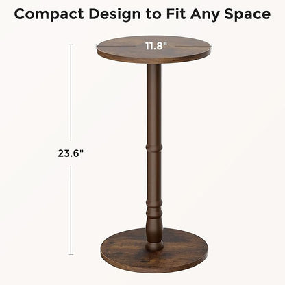 Round Side Table, Solid Wood Pillar with Wood Top & Base, Small Drink Accent Table for Living Room, Bedroom, Sofa & Office, Easy Assembly, Rustic Brown