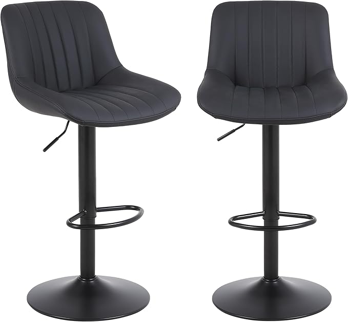 Bar Stools Set of 2, Swivel Counter Height Barstools with Back, Adjustable PU Leather Bar Chairs, Modern Armless Kitchen Island Stool, Black