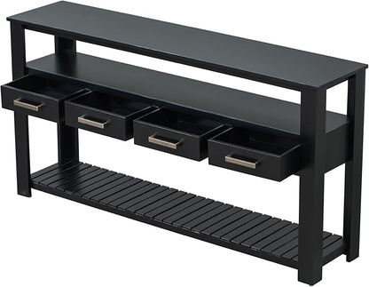 Ball & Cast 62.2“ Contemporary 4 Drawers Console Table, Long Entryway Table with Drawer & 3 Tier Shelves, Modern Storage Sofa Table, Farmhouse Wood Couch Table for Entrance Hallway Living,Black