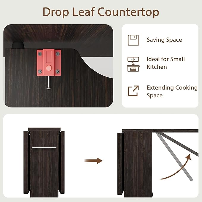GarveeHome Folding Dining Table, Space Saving Farmhouse Dining Table for 4 Storage Shelf, 6 Wheels Multipose Expandable Kitchen Drop Leaf Table for Small Space (Dark Walnut, 47.2"D x 23.6"W x 29.5"H)