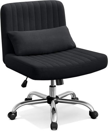 Warmiehomy Criss Cross Office Chair with Wheels, Velvet Cross-Legged Desk Chairs for Home, Height Adjustable Swivel Wide Seat Computer Chair, Morden Vanity Chair for Women, Black