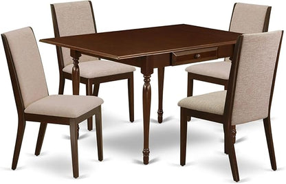 East West Furniture MZLA5-MAH-04 5 Piece Dining Room Furniture Set Includes a Rectangle Dining Table with Dropleaf and 4 Light Tan Linen Fabric Upholstered Chairs, 36x54 Inch, Mahogany