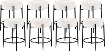 Dining Room Chairs Set of 8, 23.6" Sherpa Backless White Boucle Dining Chair, Mid Century Modern Living Room Round Upholstered Chairs with Black Metal Legs