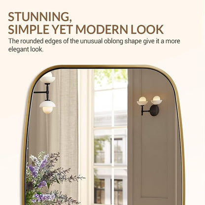 ANDY STAR Brushed Gold Oval Bathroom Mirror, 24x36 Inch Brass Oblong Mirrors for Wall, Modern Rectangle Vanity Mirror with Rounded Corner, Stainless Steel Wall Mount Horizontal or Vertical