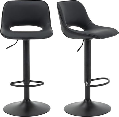 YOUNIKE Black Bar Stools Set of 2 Compact Modern Swivel Barstools, Adjustable Counter Height Bar Stools Faux Leather Upholstered Bar Stool with Hollow Back for Kitchen Island